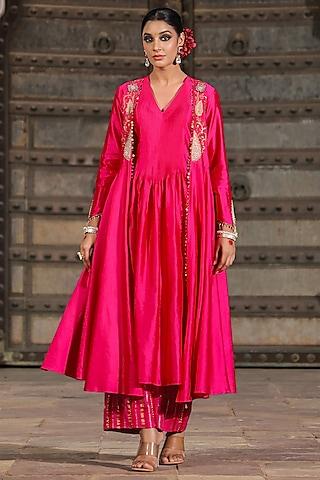 pink pure banarasi spun silk resham embroidered kurta set