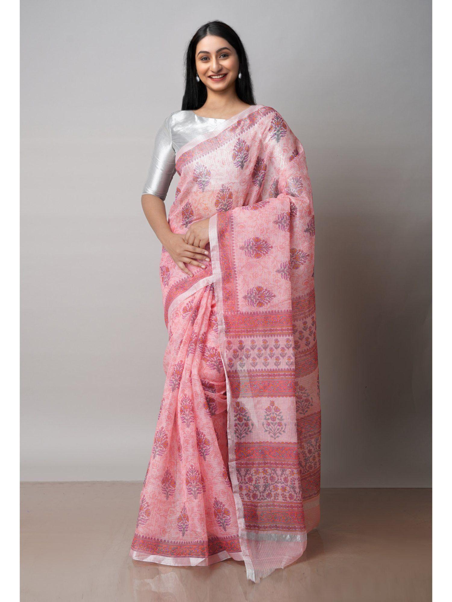 pink pure block printed kota cotton saree with unstitched blouse