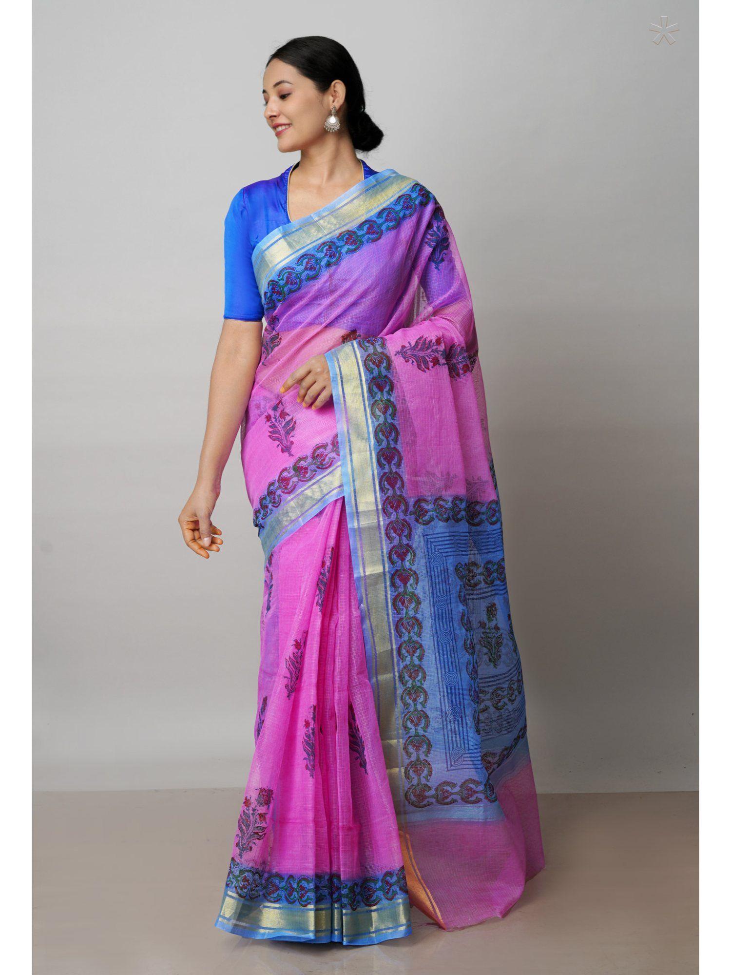 pink pure block printed kota cotton saree with unstitched blouse