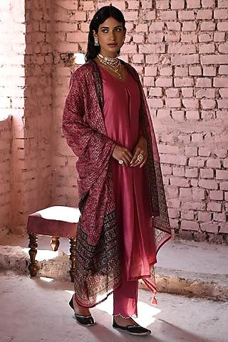 pink pure chanderi embellished a-line kurta set