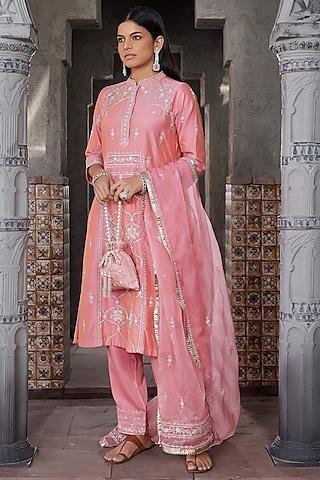 pink pure chanderi hand embroidered kurta set