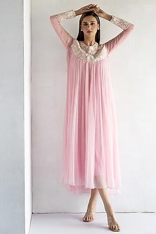 pink pure chiffon & chanderi thread machine embroidered midi dress