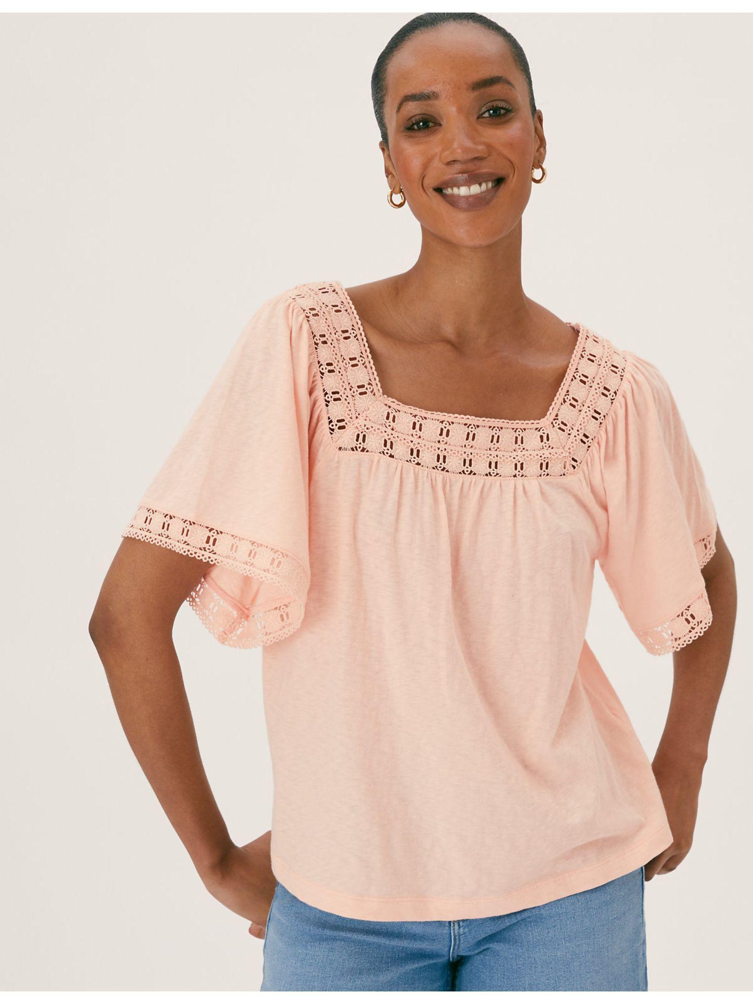 pink pure cotton embroidered square neck top