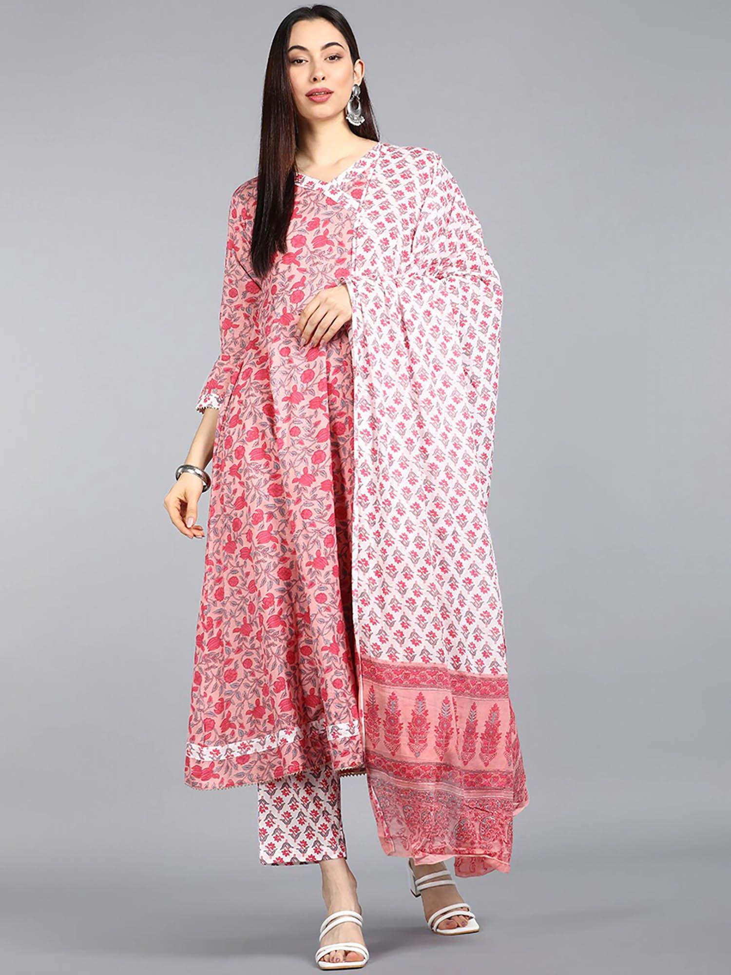 pink pure cotton ethnic motifs printed anarkali kurta pants with dupatta (set of 3)