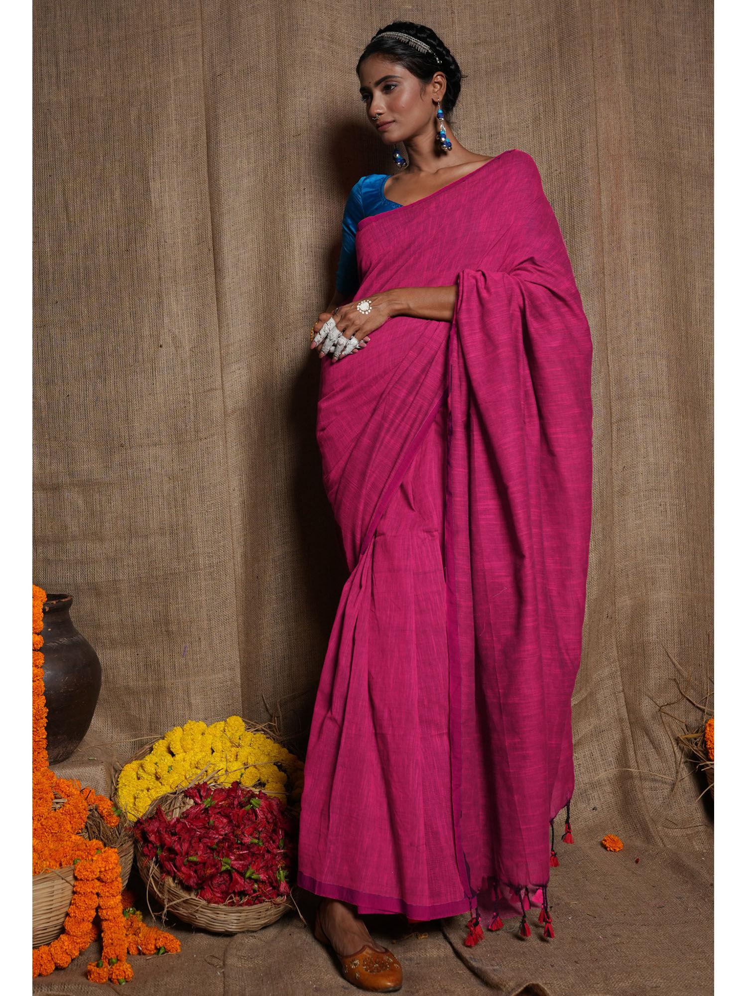 pink pure cross weave plain cotton linen tassels saree with unstitched blouse
