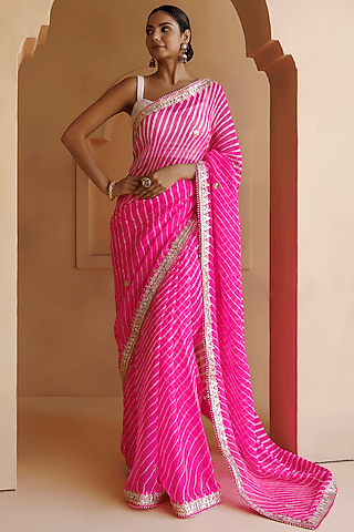 pink pure georgette gota patti hand embroidered leheriya saree set