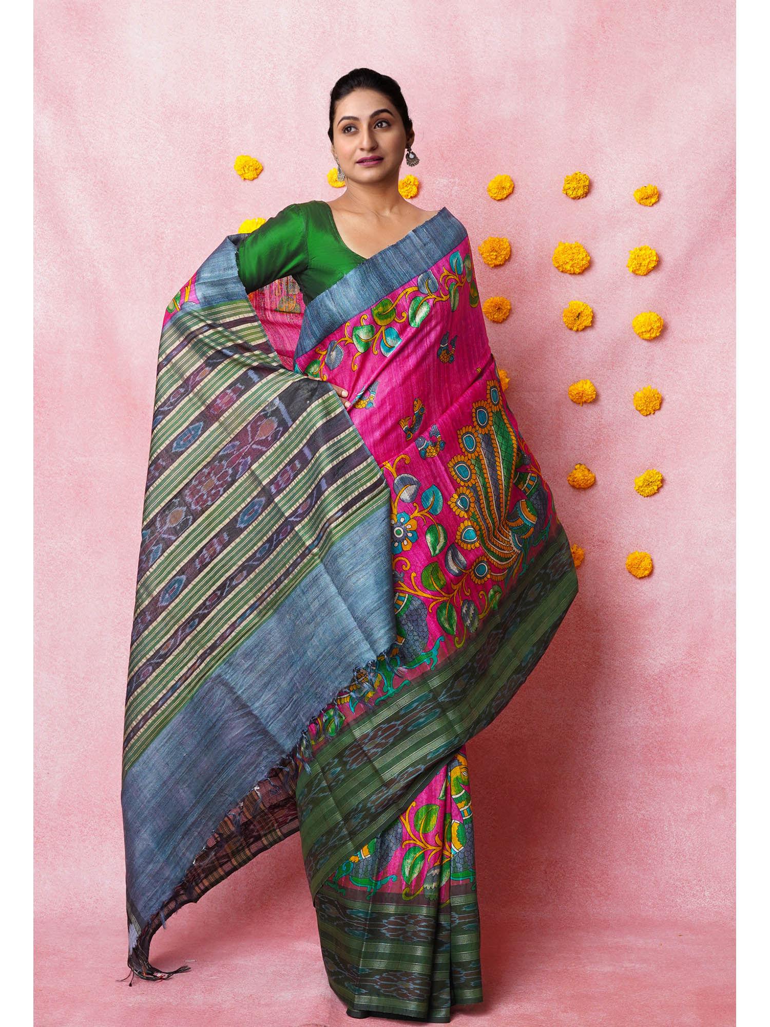 pink pure handloom kalamkari printed tussar silk saree with unstitched blouse