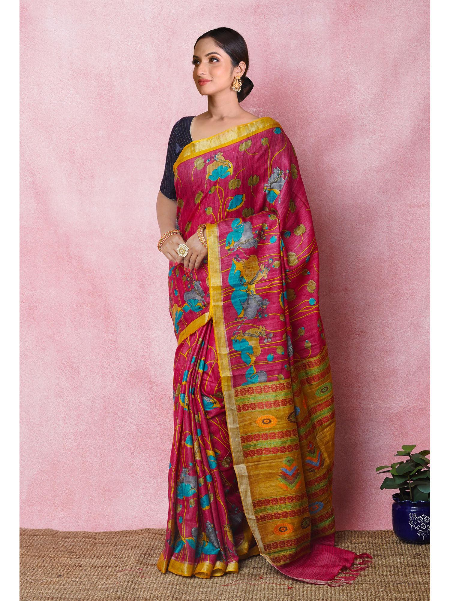 pink pure handloom print vidarbha tussar silk saree with unstitched blouse