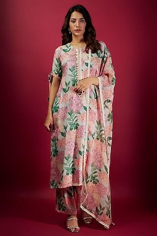 pink pure muslin printed & embroidered kurta set