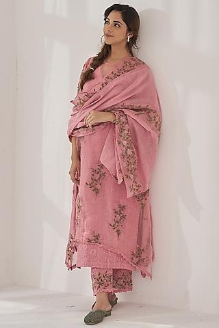 pink pure organza & fine cotton chanderi thread embroidered kurta set