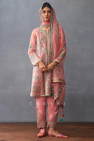pink pure organza dori embroidered & digital printed kurta set