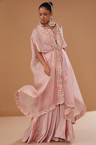 pink pure organza embroidered cape set