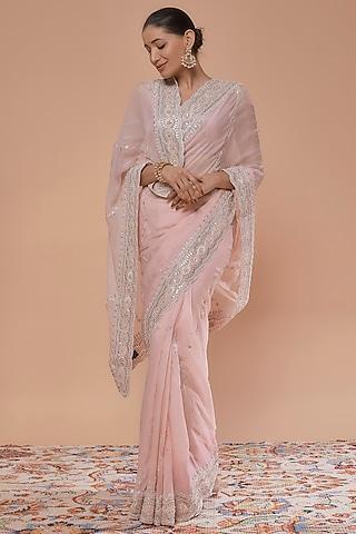 pink pure organza hand embroidered saree set