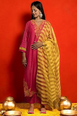 pink pure silk chanderi resham thread embroidered kurta set