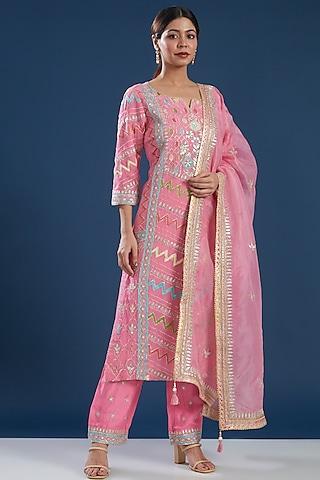 pink pure silk georgette embroidered kurta set
