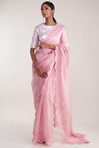 pink pure silk organza embroidered saree set