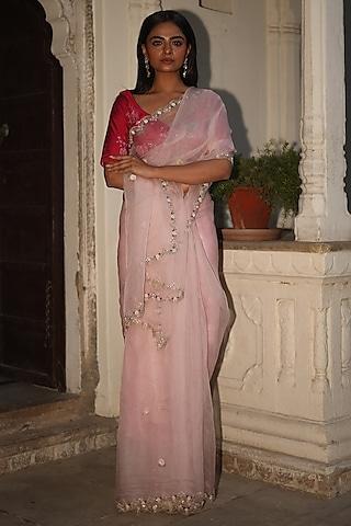pink pure silk organza sequins work handcrafted saree