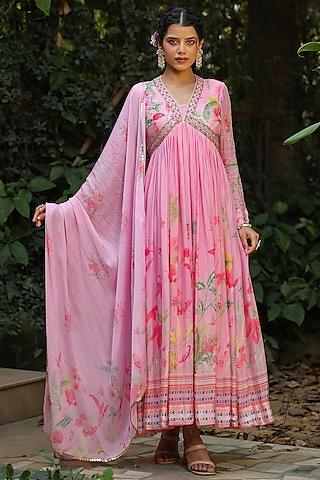 pink pure silk printed & embroidered anarkali set