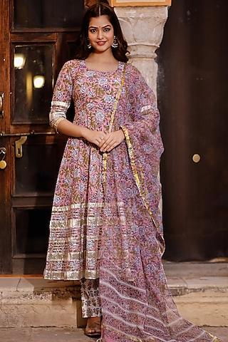 pink-purple block printed anarkali set