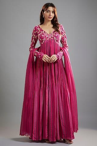 pink-purple pure crepe floral jaal embroidered anarkali set