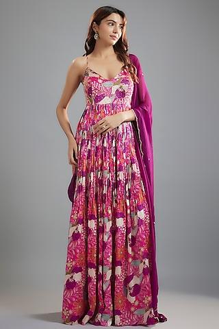 pink-purple raw satin floral printed & cutdana embroidered anarkali set