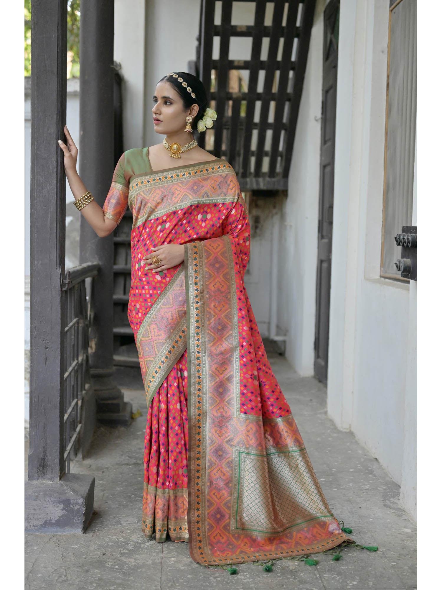 pink rani zari woven meenakari weaves pathani silk saree with unstitched blouse