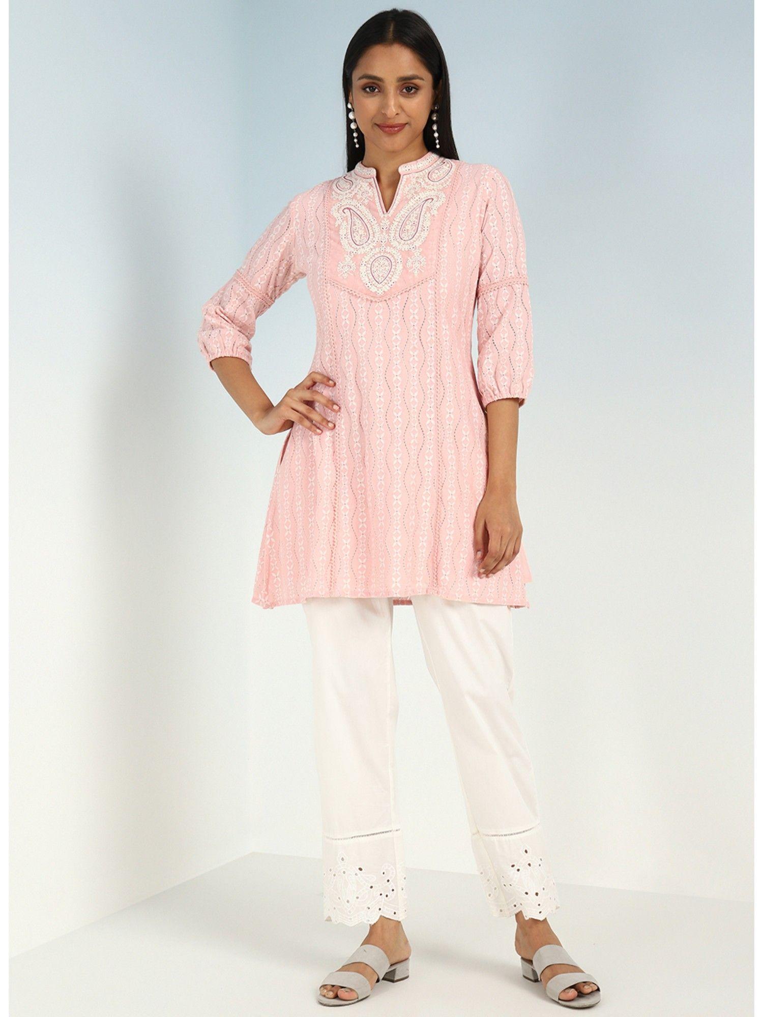 pink raschel net embroidered kurti for women