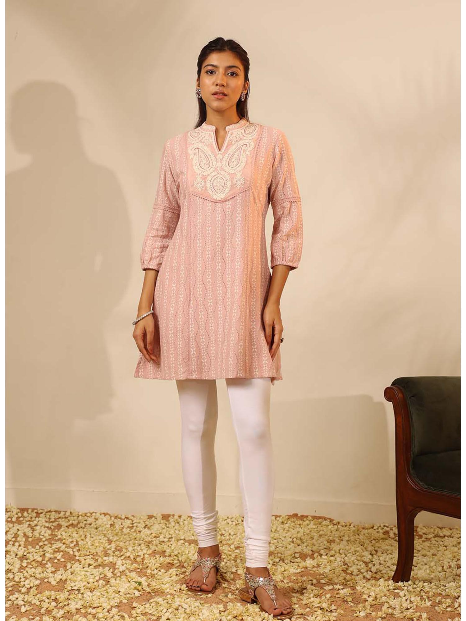 pink raschel net embroidered kurti for women