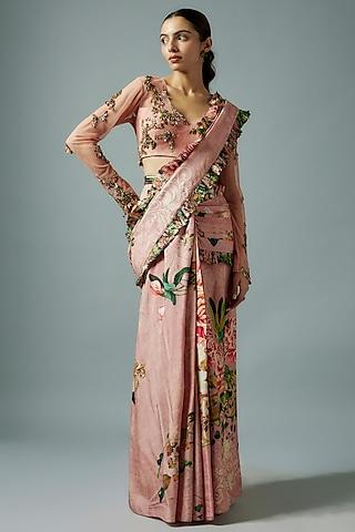 pink raw silk & net botanical printed saree set