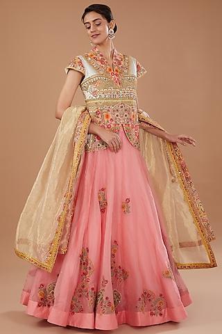 pink raw silk & organza embroidered skirt set