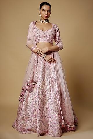 pink raw silk applique & cutdana embroidered lehenga set