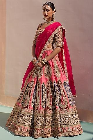 pink raw silk applique embroidered lehenga set