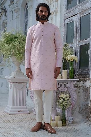 pink raw silk embroidered kurta set