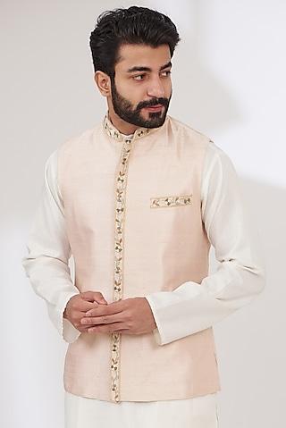 pink raw silk embroidered nehru jacket