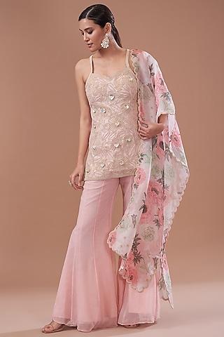pink raw silk embroidered strappy kurta set