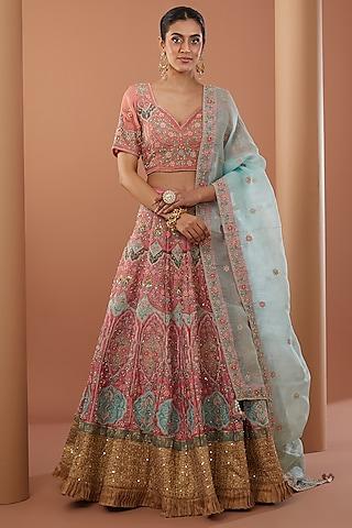 pink raw silk machine & hand embroidered lehenga set