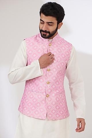 pink raw silk printed nehru jacket