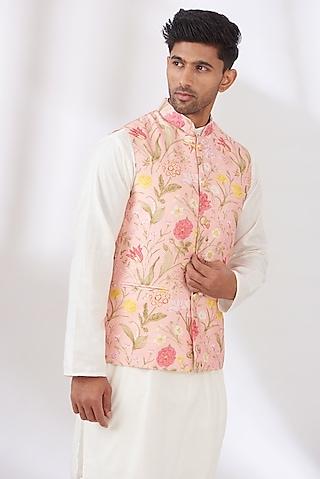 pink raw silk printed nehru jacket