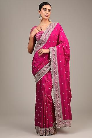 pink raw silk sequins & pearl embroidered saree set