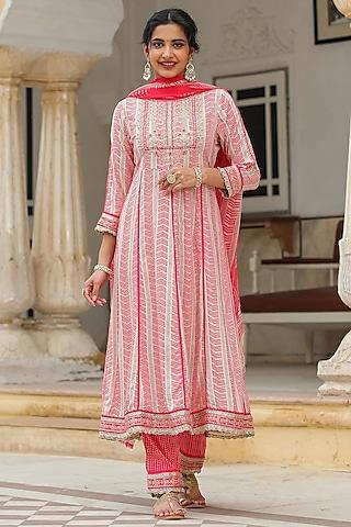 pink rayon bandhani printed & embroidered anarkali set