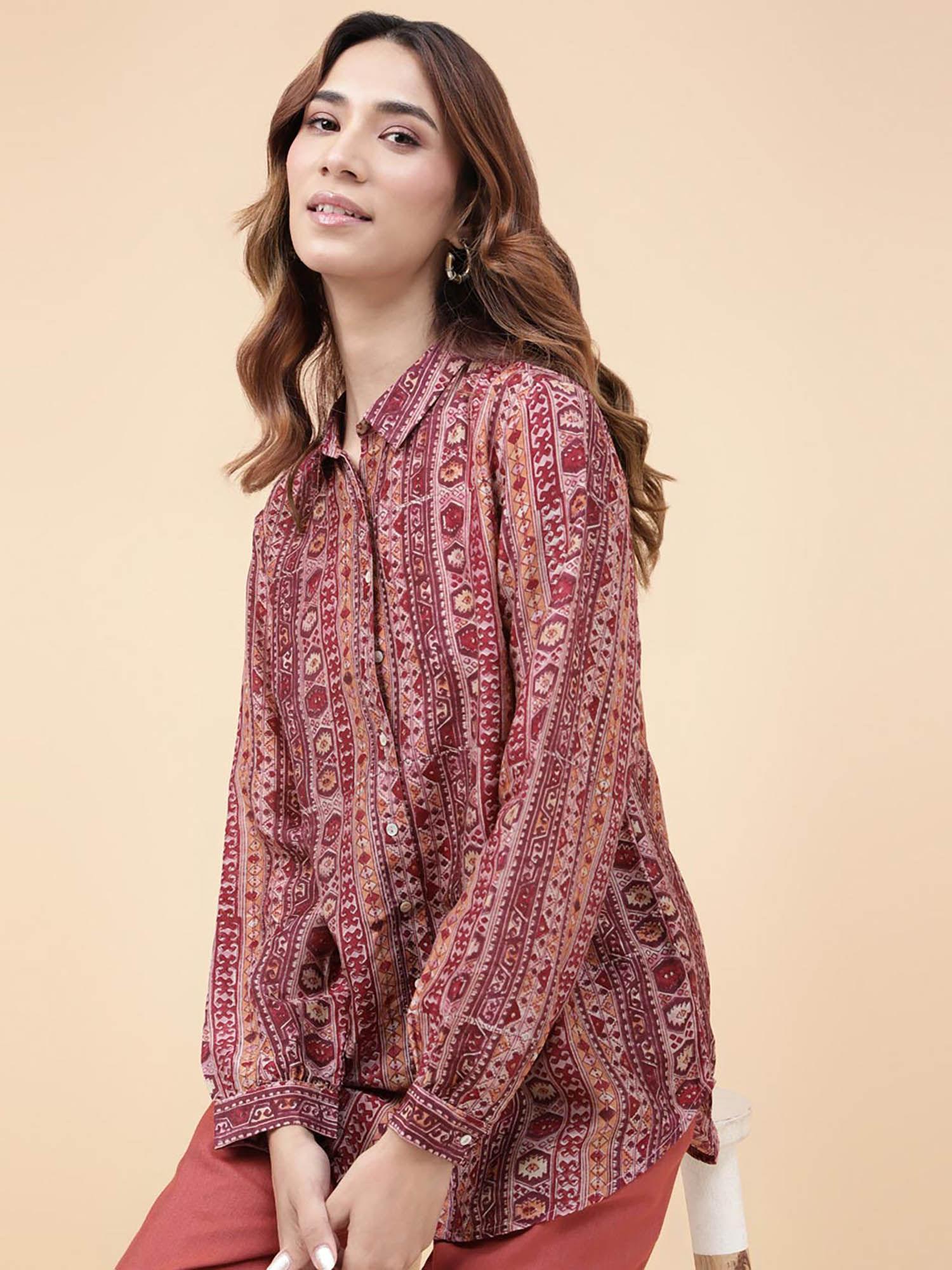 pink rayon blend hand block printed shirt