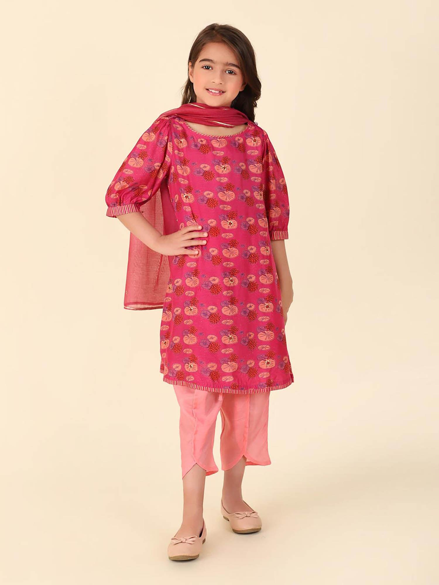 pink rayon blend printed kurta with salwar and dupatta (set of 3)