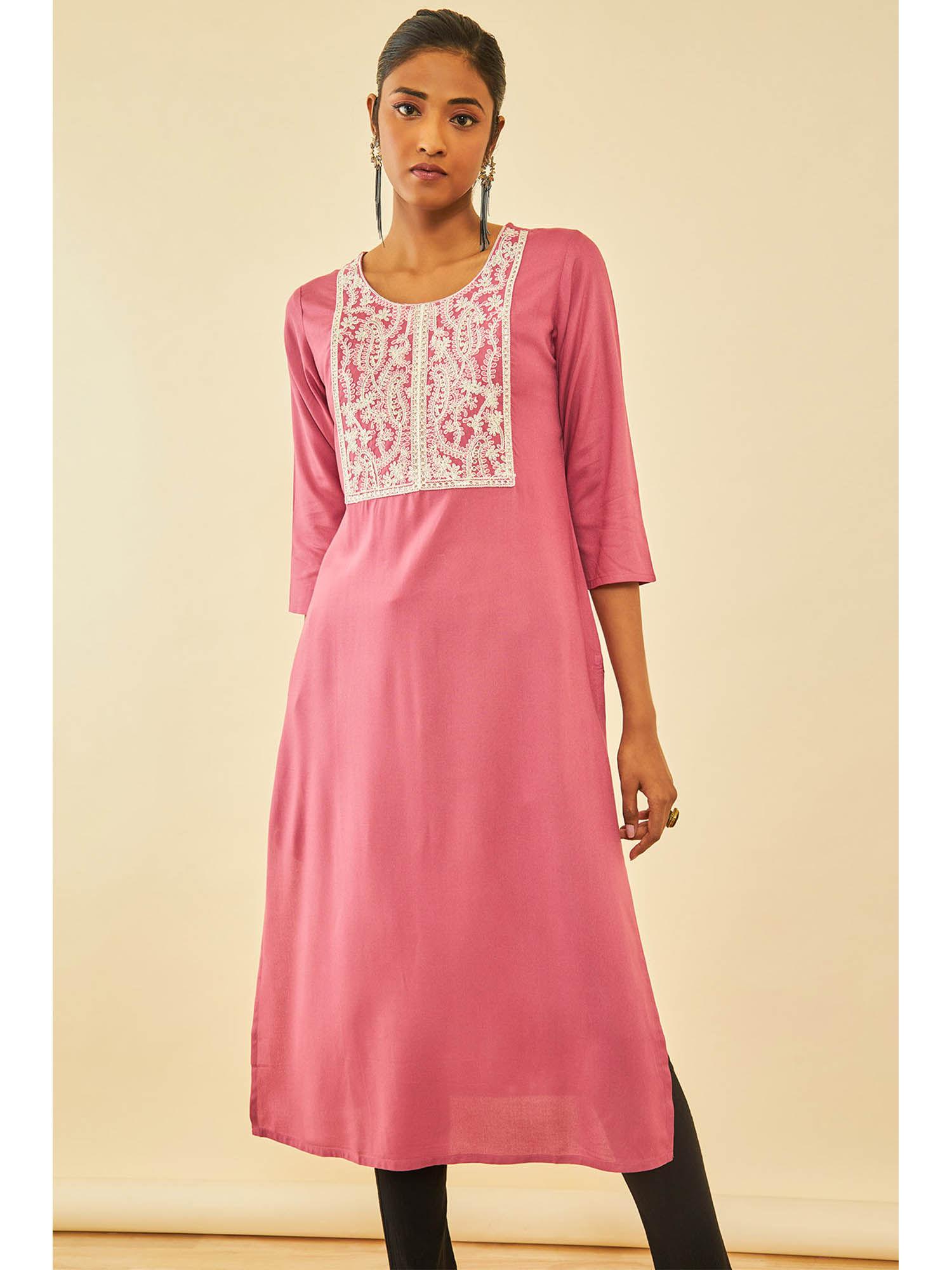 pink rayon embroidered kurta