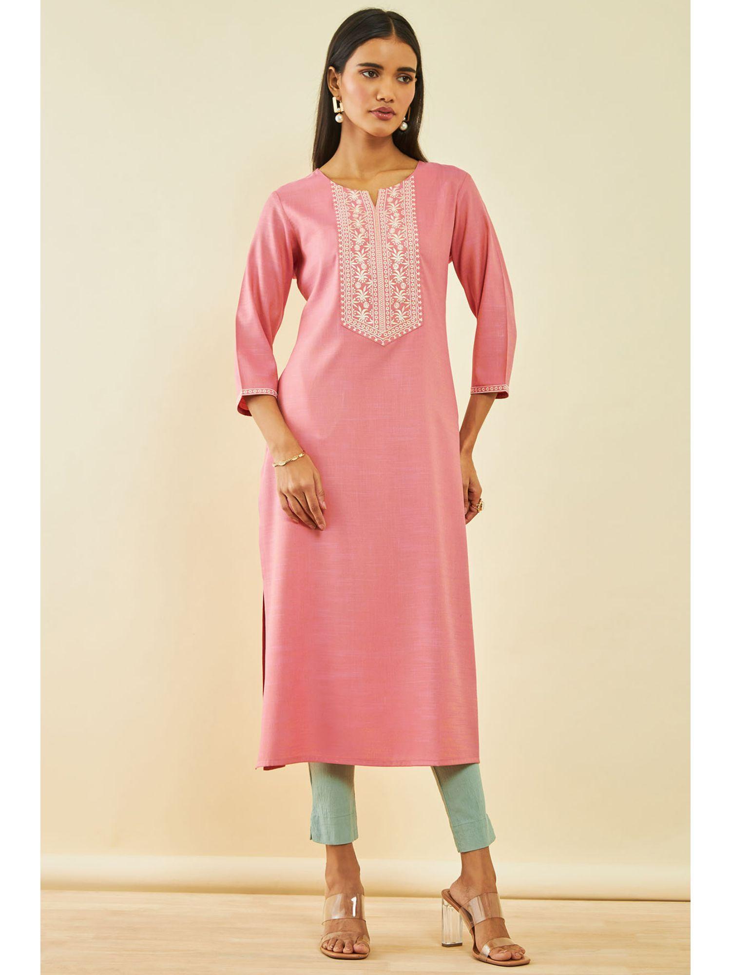 pink rayon embroidered thread work kurta