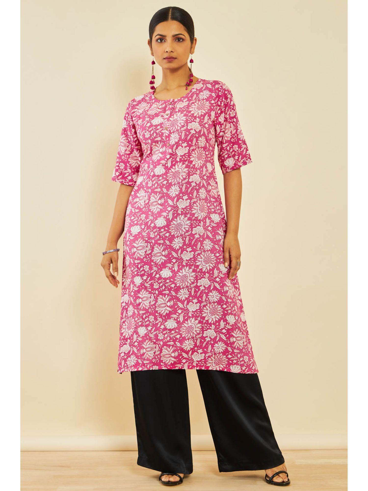 pink rayon floral print kurta