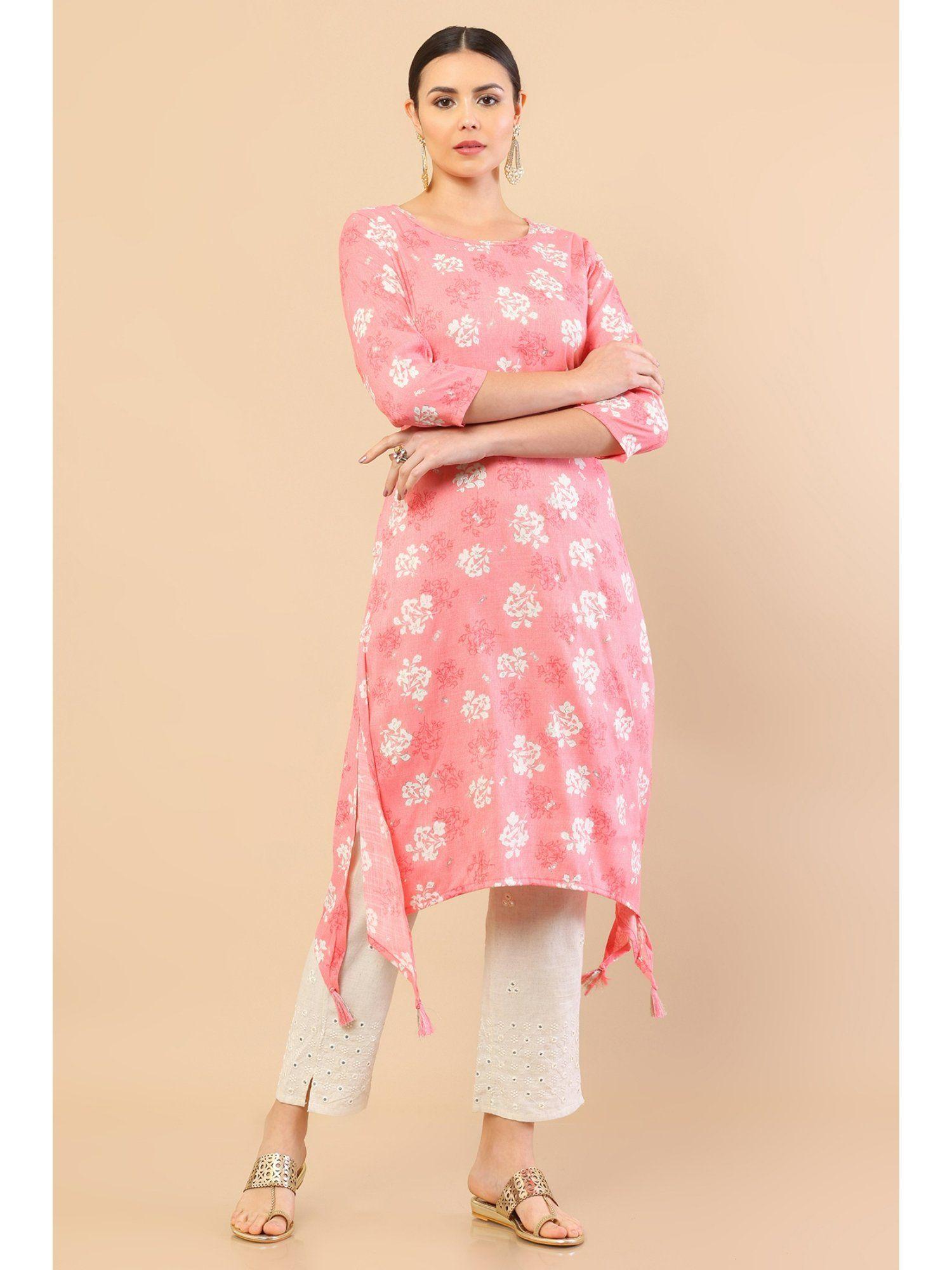 pink rayon kurta with floral print and tassels