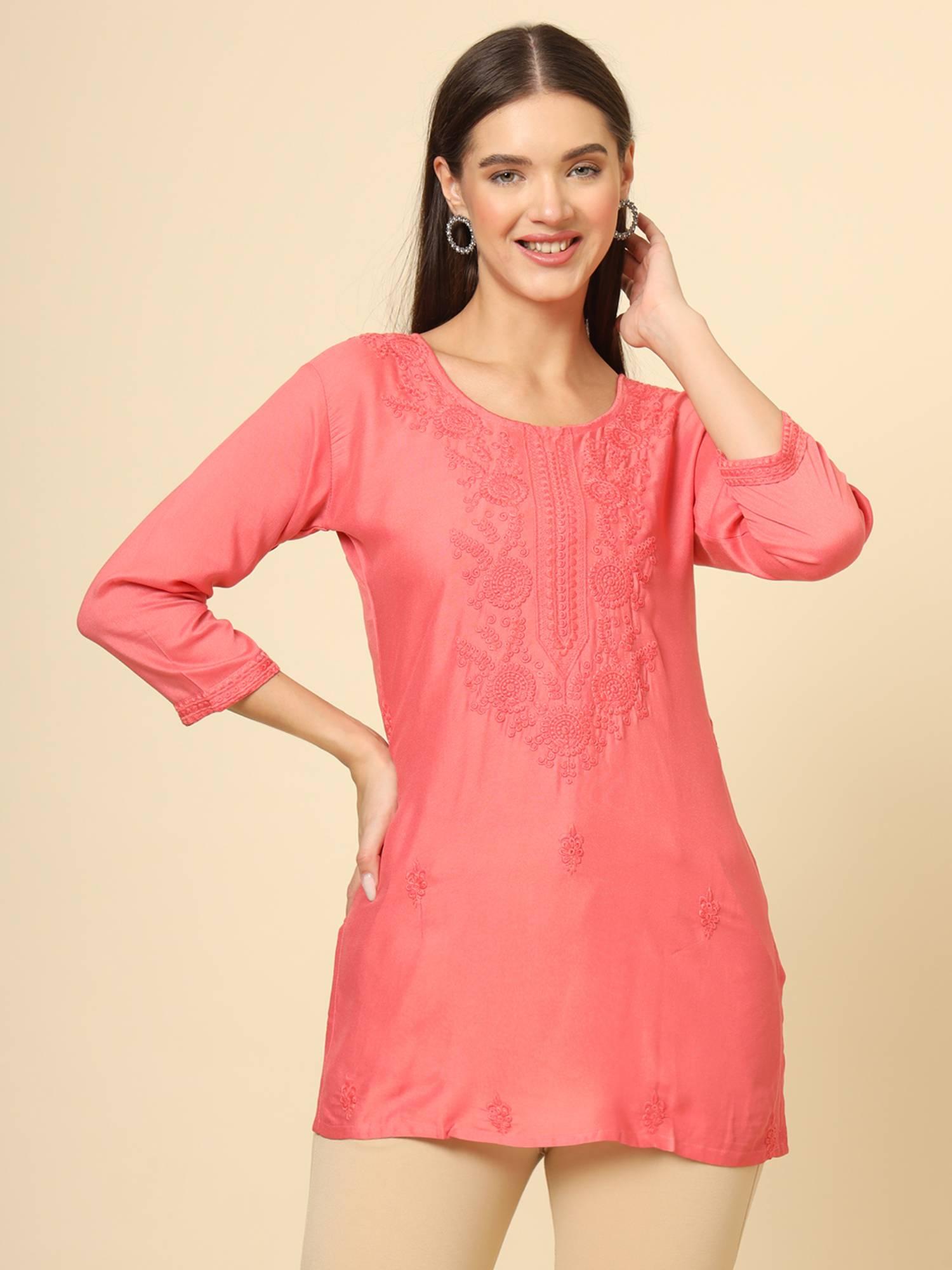 pink rayon lucknowi chickankari work kurti