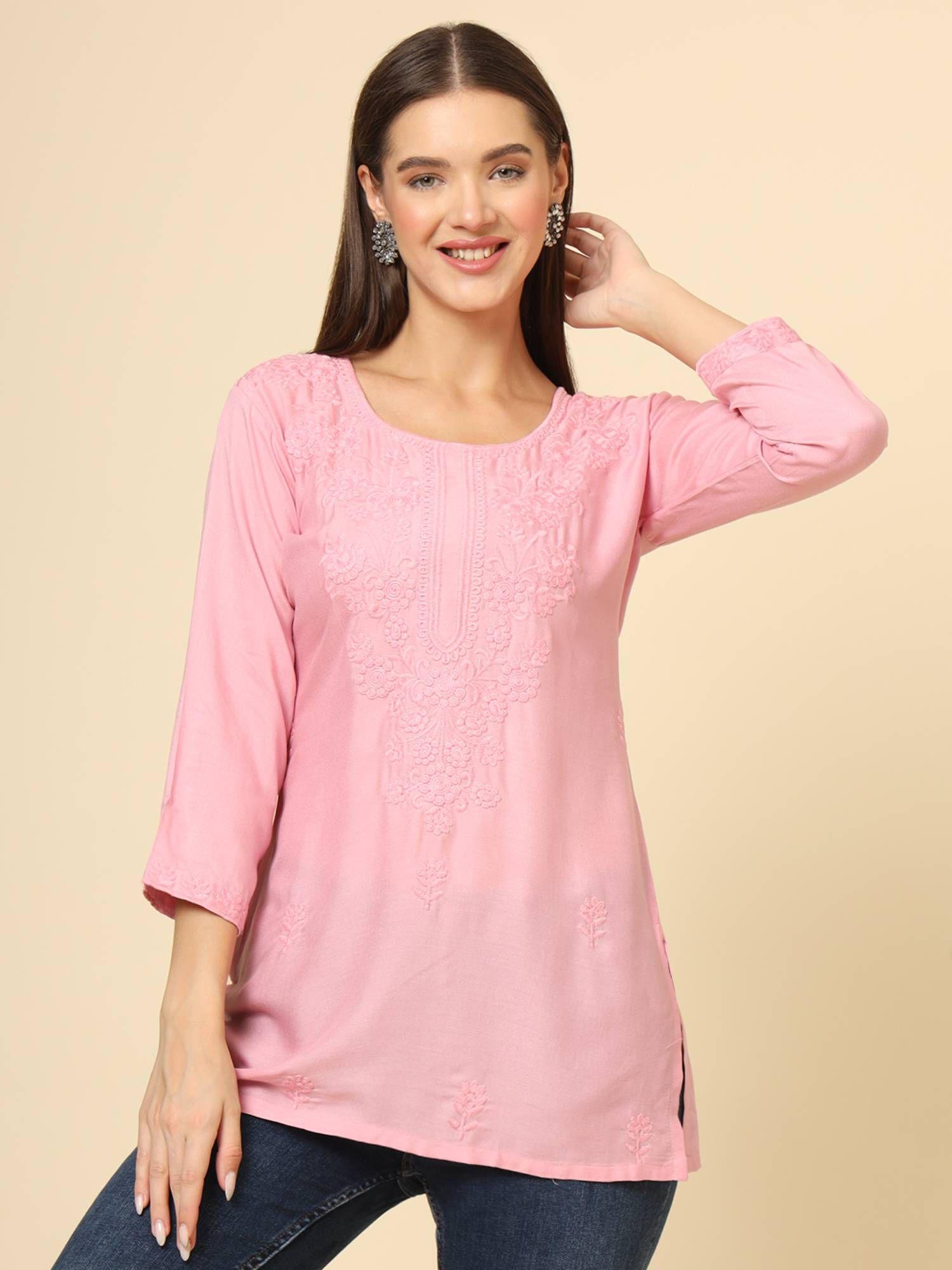 pink rayon lucknowi chickankari work kurti