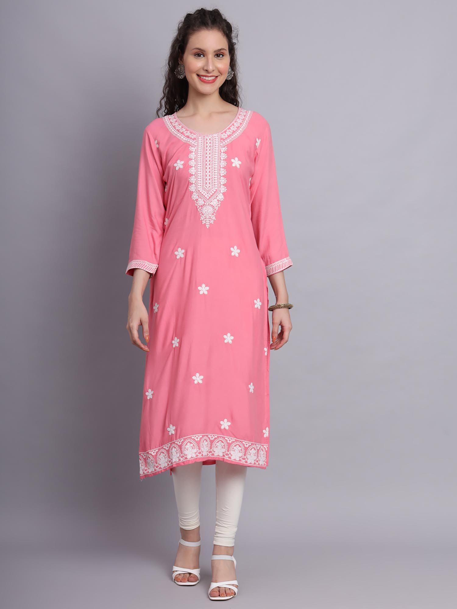 pink rayon lucknowi chikankari work straigh kurta