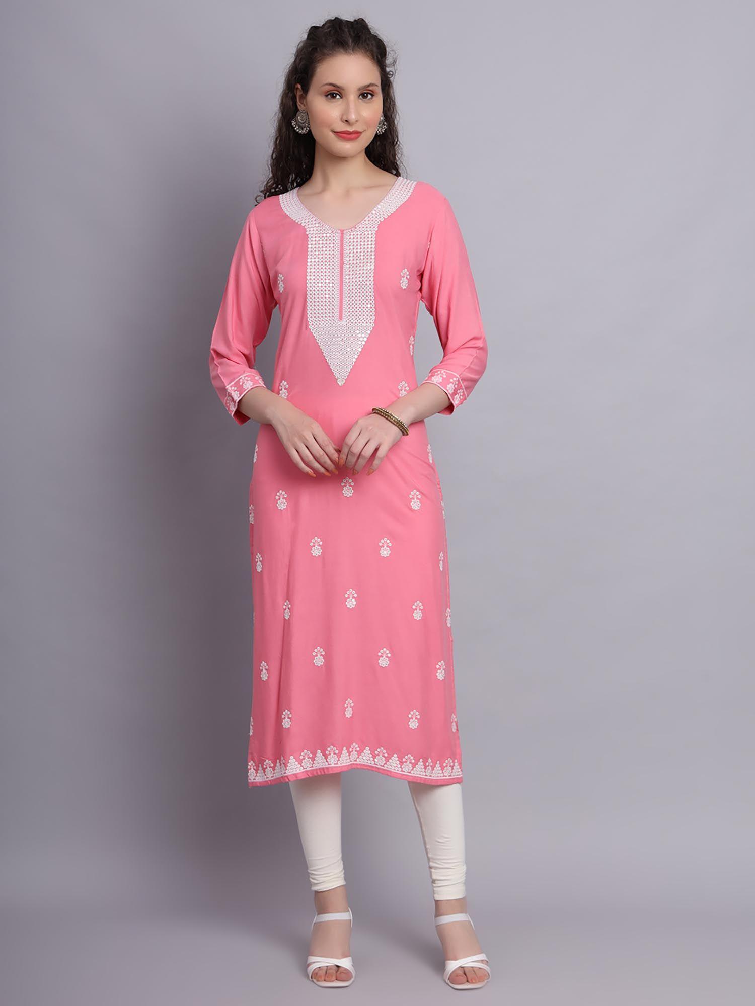 pink rayon lucknowi chikankari work straigh kurta